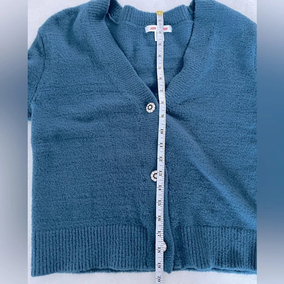 Joe Fresh/ Fuzzy/ Blue button up cardigan/ Gem buttons/ Stretchy/ Size US S - Picture 11 of 14